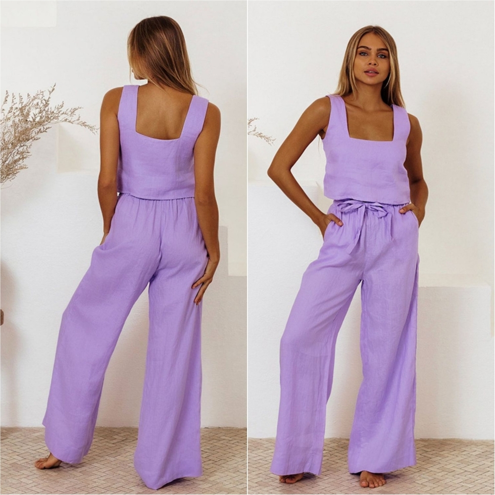 Chic Squares Top and Pants Set - Lilac